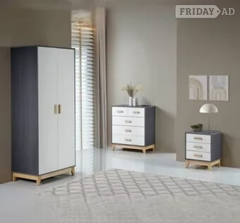 Cleveland 2 Door Wardrobe Bedroom Set - White/Grey Metal Effect