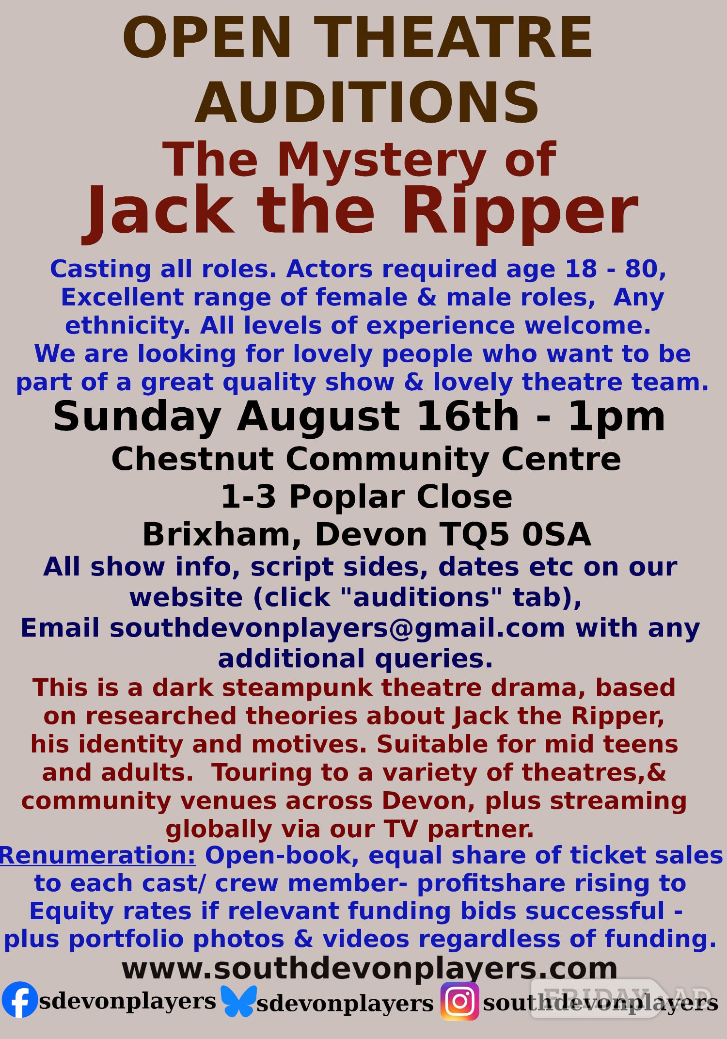 Open theatre auditions - all roles - Jack the Ripper. Brixham. 
