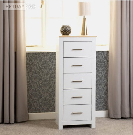 Portland 5 Drawer Narrow Chest - White/Oak Effect in Rotherham