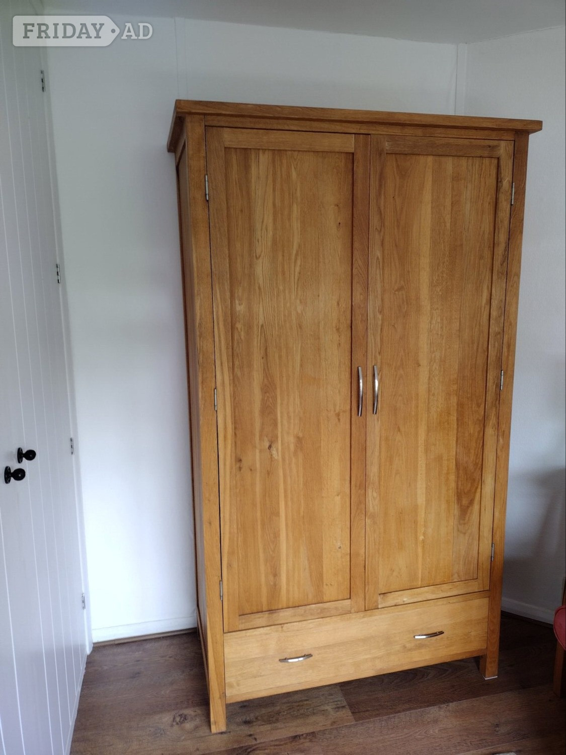 Wardrobe, pine. Double door with bottom drawer. Chrome handles. 