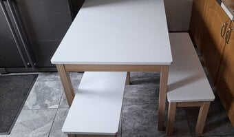 Modern White & Oak Effect Dining Table Set with 2 Benches 