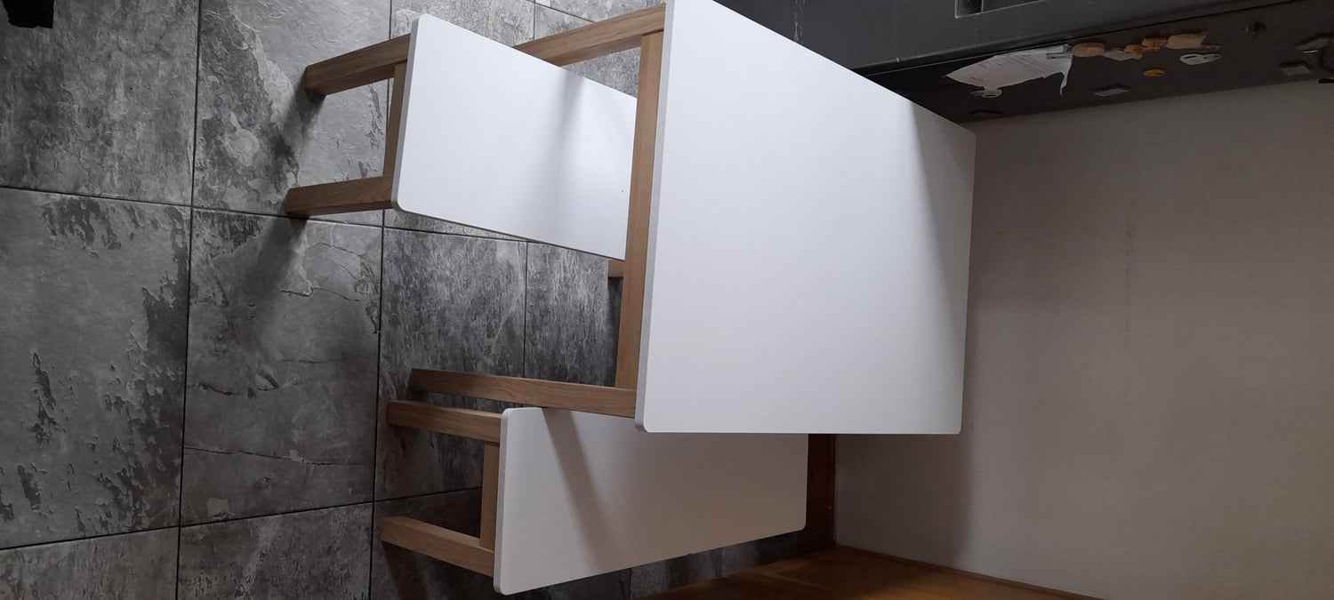 Modern White & Oak Effect Dining Table Set with 2 Benches 