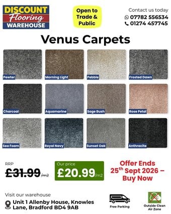 Venus Carpet £20.99/m² | 12 Colours Available