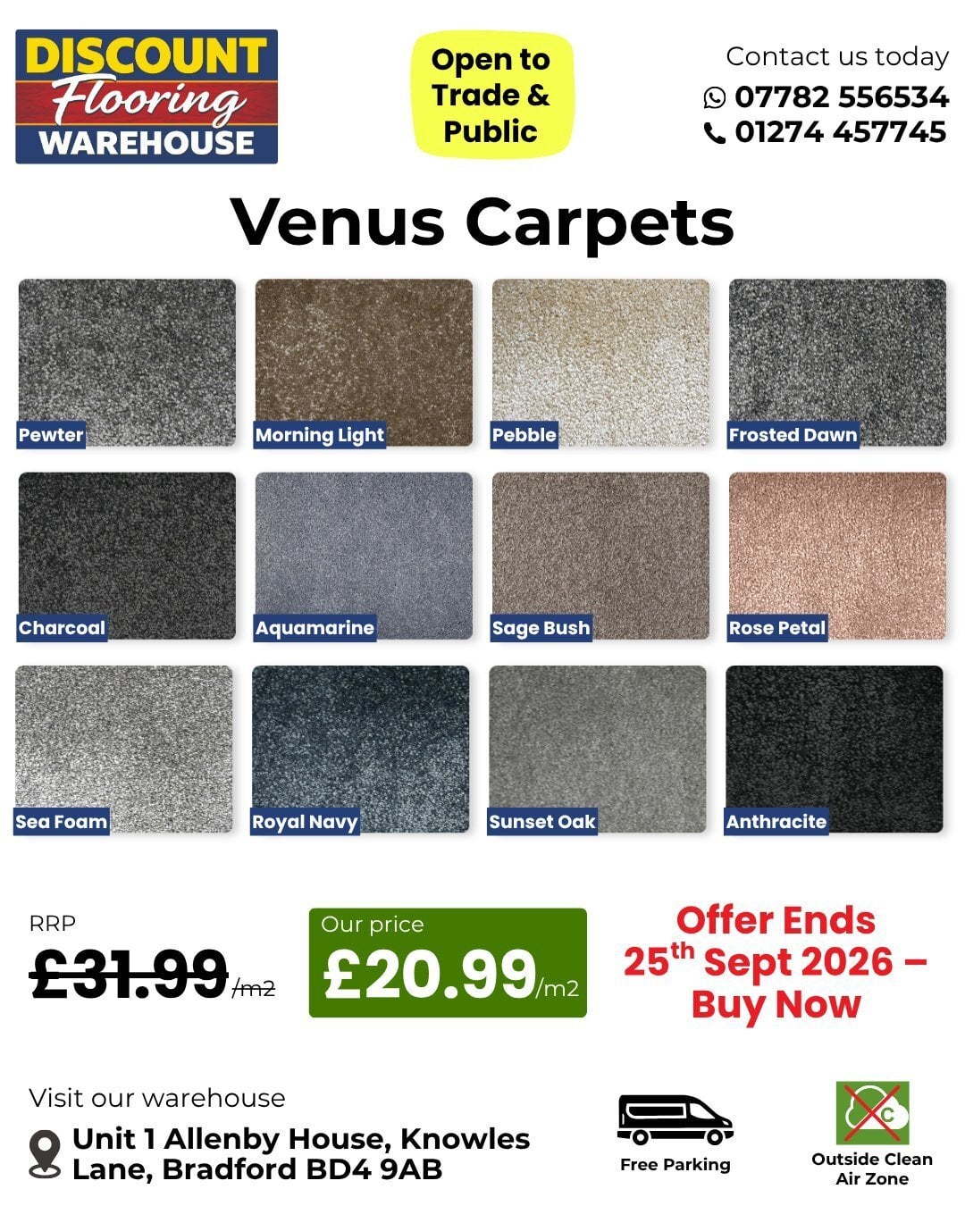 Venus Carpet £20.99/m² | 12 Colours Available in Bradford