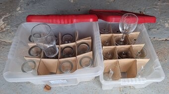 24 Glasses - 12 wine glasses and 12 beer glasses in plastic storage boxes