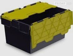 10 USED PLASTIC TOTE STORAGE BOXES WITH FOLD DOWN LIDS.