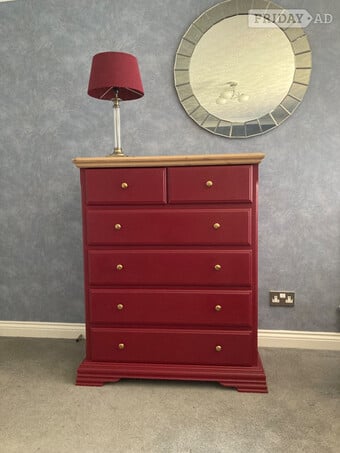 Refinished Pine/Burgundy Chest Of Drawers