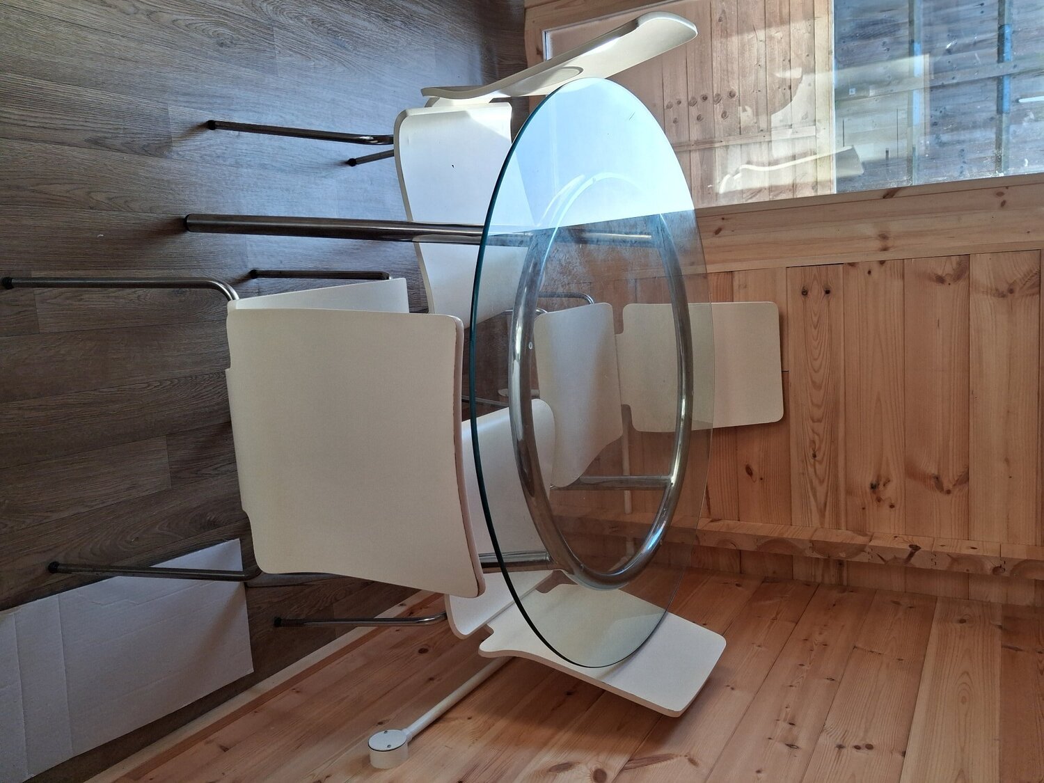 Retro round glass table and chairs.