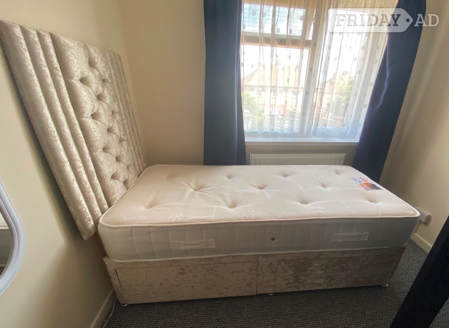 Single divan bed with memory foam mattress & velvet headboard