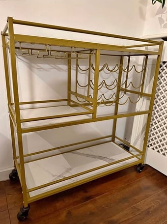 Gold bar cart Trolley, marble effect shelves, perfect for drinks 