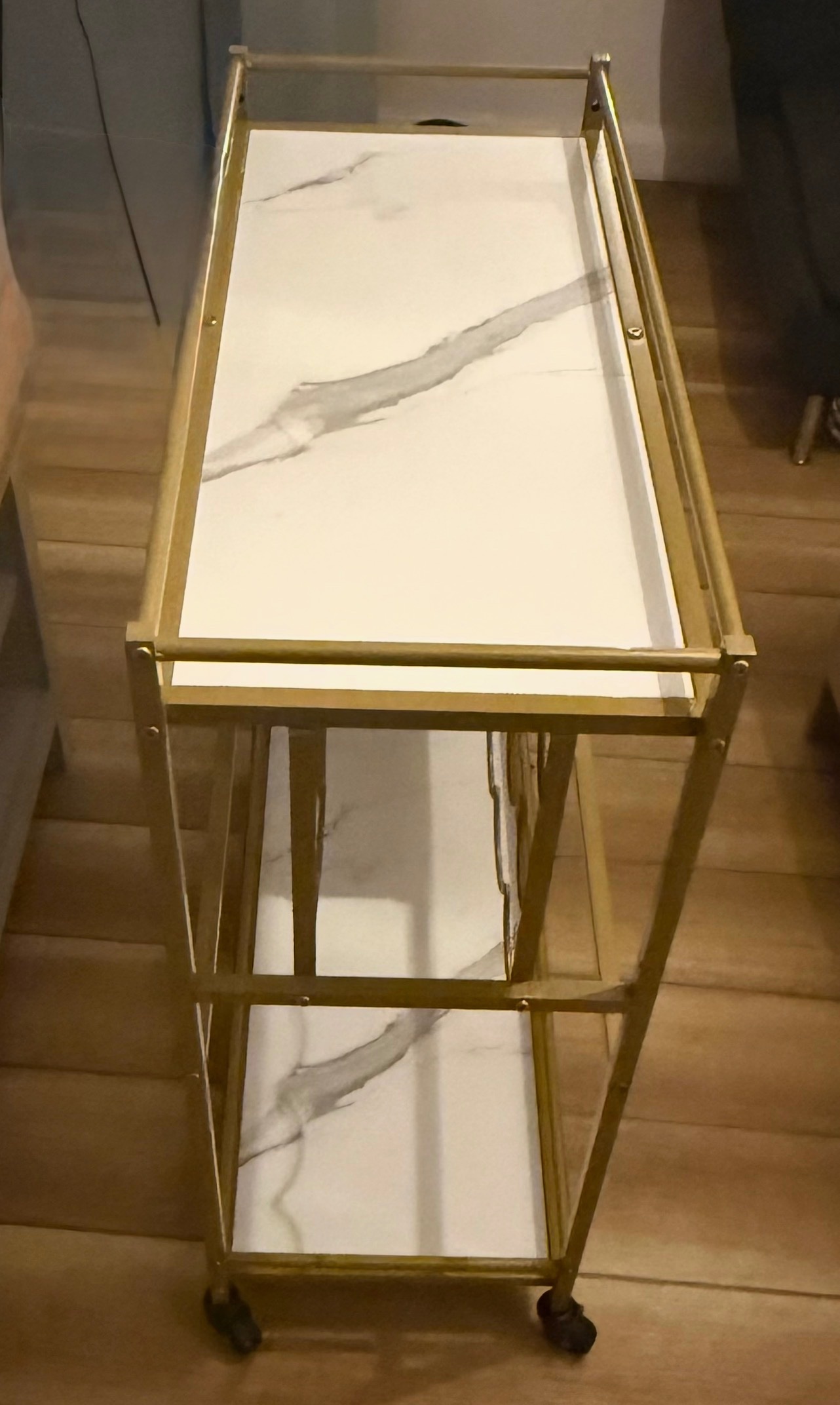 Gold bar cart Trolley, marble effect shelves, perfect for drinks 