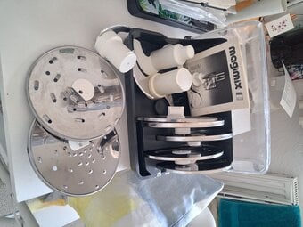 Boxed set of Magimix processor blades, graters, slicers etc.