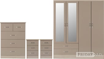NEVADA 4 DOOR 2 DRAWER MIRRORED WARDROBE BEDROOM SET OYSTER GLOSS