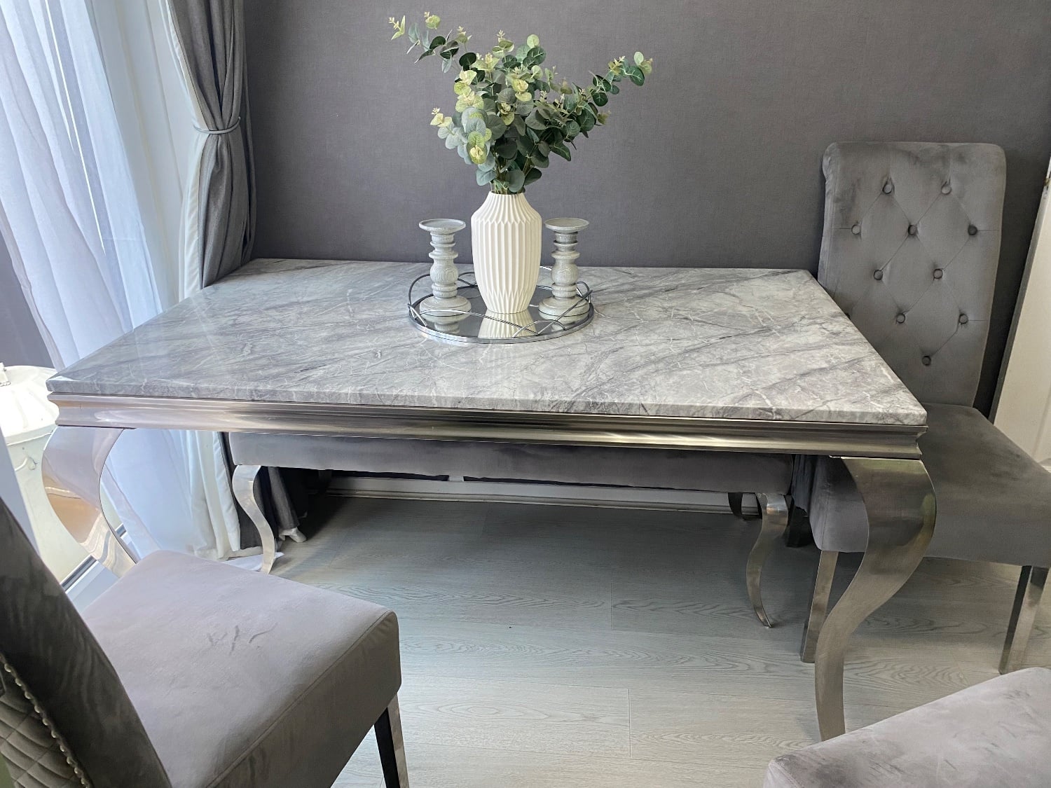 Grey and white marble dining table with 4 chairs and a bench - Furniture