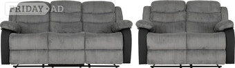 ROMA 3&2 GREY JUMBO CORD & BLACK FAUX LEATHER RECLINER SOFAS 