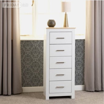 Portland 5 Drawer Narrow Chest - White/Oak Effect