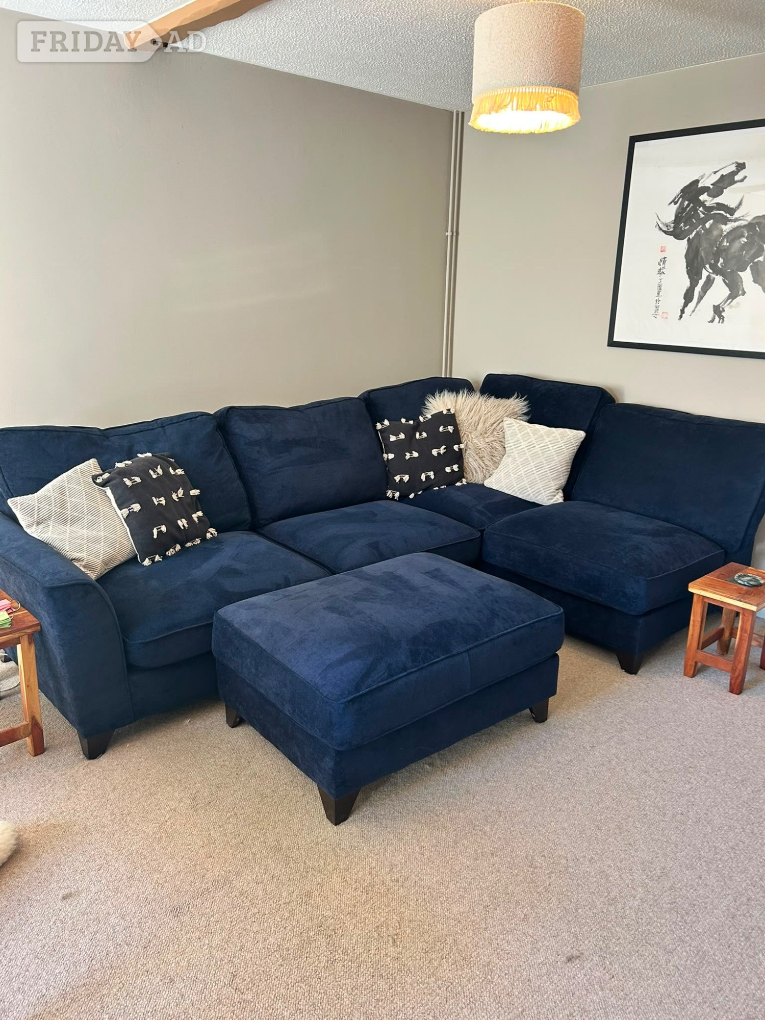 Navy Blue Velvet Legend Classic Corner Sofa with footstool