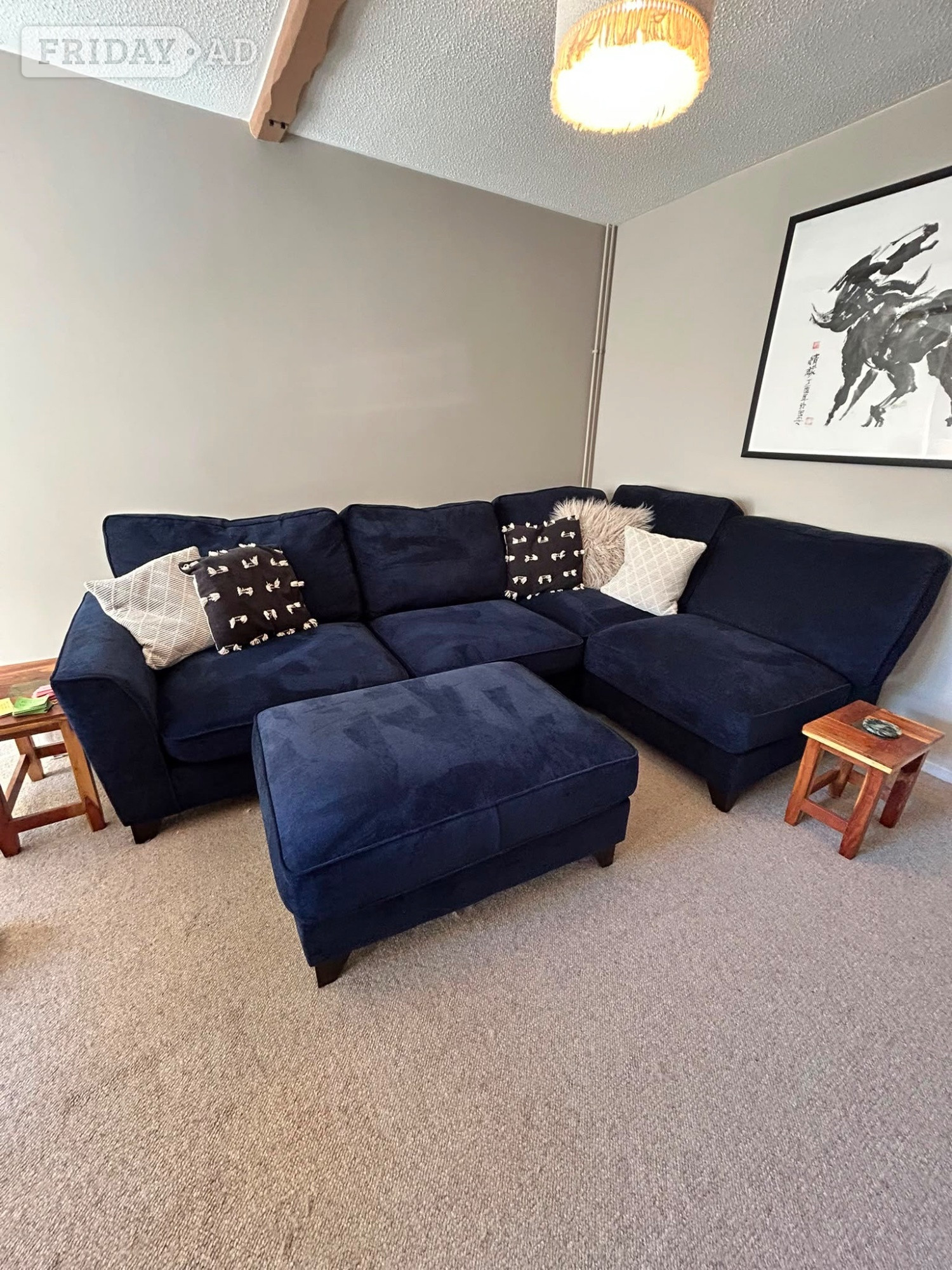 Navy Blue Velvet Legend Classic Corner Sofa with footstool - Furniture in Peterborough