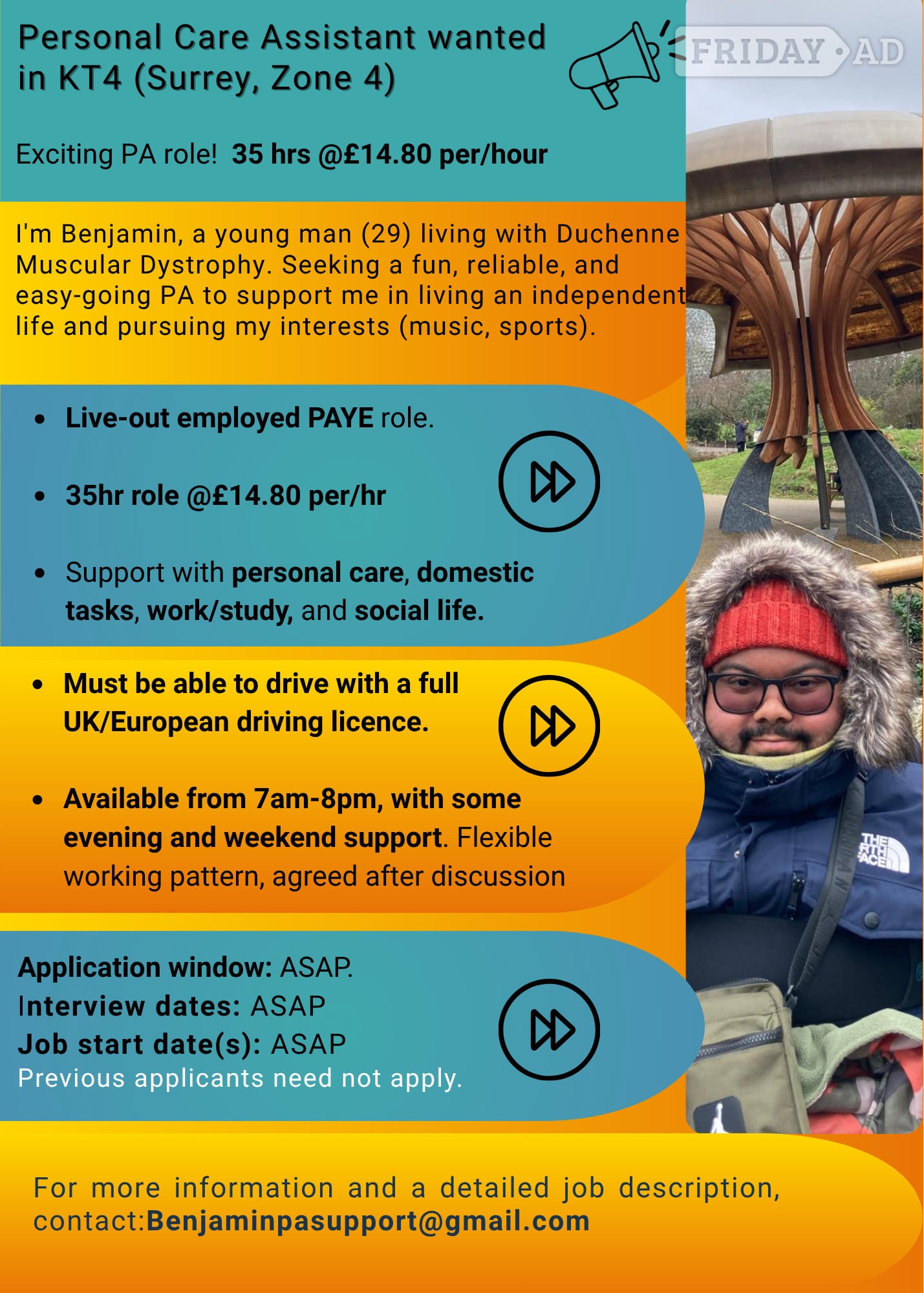 Personal Care Assistant role for young man (29) with DMD @£14.80 per/hr for 35 hrs per week in Worcester Park, Surrey in Sutton