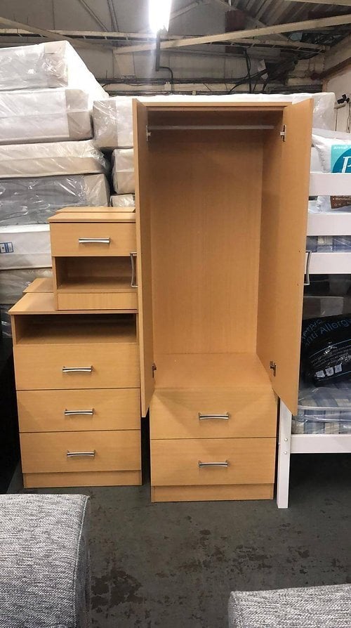 POLAR 2 DOOR WARDROBE CHEST AND BEDSIDE - BEECH EFFECT