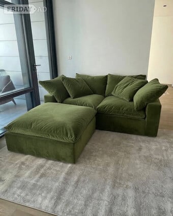 Loaf Olive Green Plush Velvet 2 Seater Sofa with Footstool