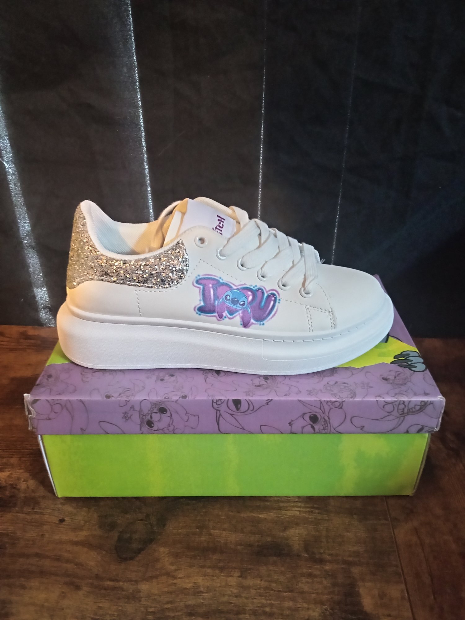 New Disney Stitch Trainers - White with Glitter Detail