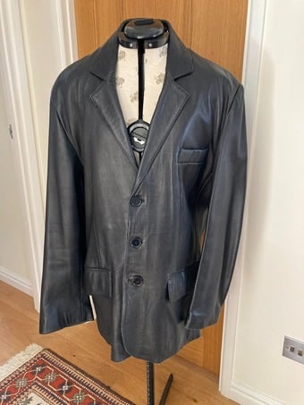 Black Real Leather 3 Button Blazer Style Jacket.