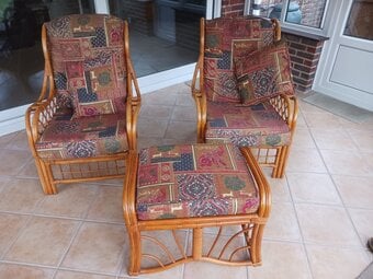 Cane Conservatory armchairs and stool, all with cushions