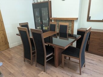ZONE Dark Wood & Black-Framed Glass Dining Room Suite