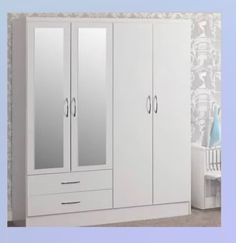 NEVADA 4 DOOR 2 DRAWER MIRRORED WARDROBE BEDROOM SET WHITE GLOSS