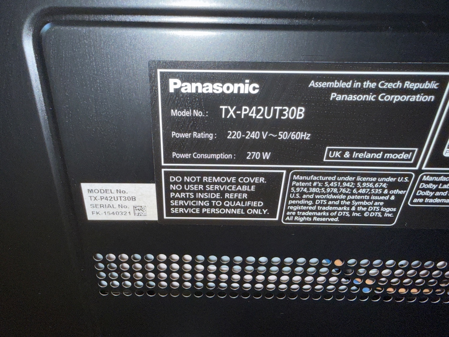 Worthing Panasonic Viera TV TX-P42UT30B - 42" screen