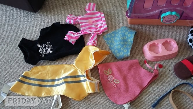 Dolly pet carrier with various clothes / coats, collars, brush, pet bags and feeding plate.