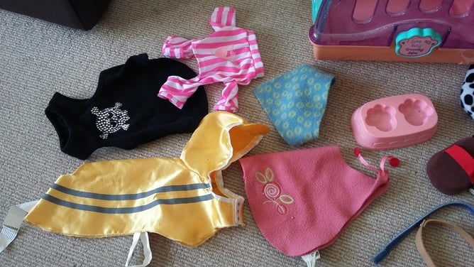 Dolly pet carrier with various clothes / coats, collars, brush, pet bags and feeding plate.