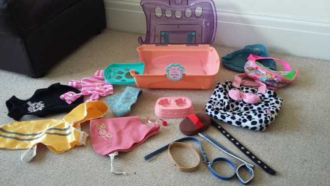 Shoreham-By-Sea Dolly pet carrier with various clothes / coats, collars, brush, pet bags and feeding plate.