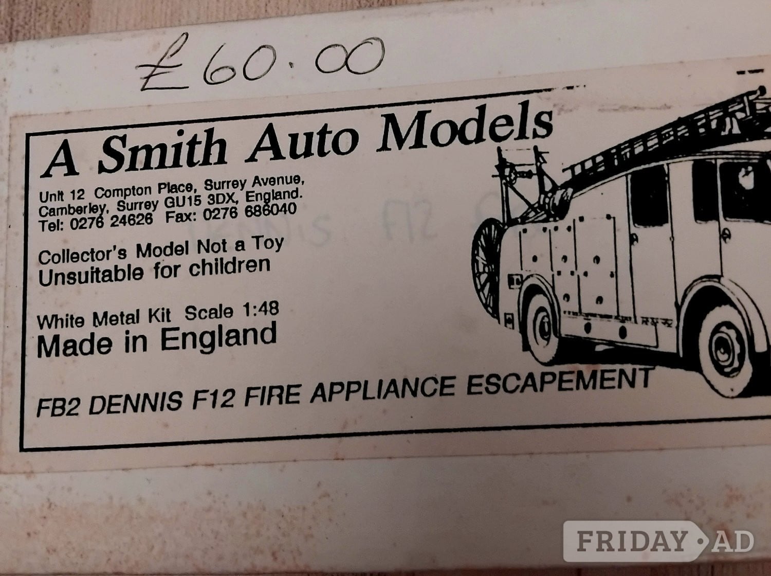 MODEL FIRE ENGINE WHITE METAL KIT DENNIS F12 NEW