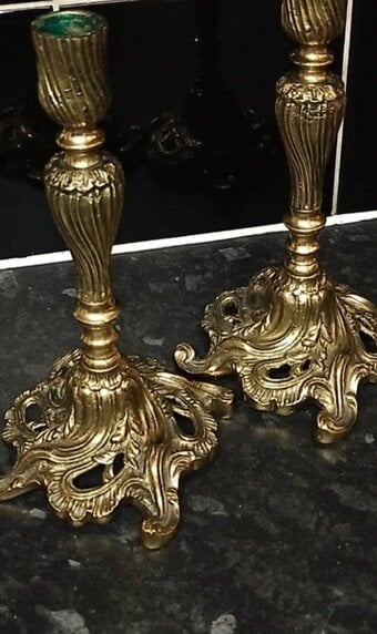 Pair of Antique 19th Century Rococo Revival Cast Brass Candlestic