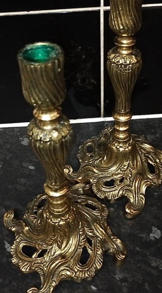 Pair of Antique 19th Century Rococo Revival Cast Brass Candlestic