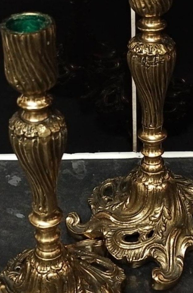 Pair of Antique 19th Century Rococo Revival Cast Brass Candlestic - Antiques & Collectables