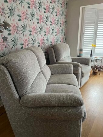 2 seater sofa, chair and pouffe