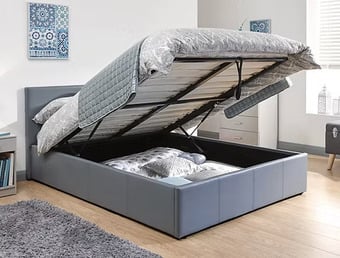 KING SIZE - END LIFT GREY FAUX LEATHER OTTOMAN STORAGE BEDSTEAD