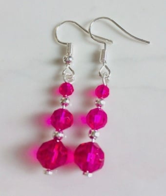 Hot pink glass bead dangle earrings with gift box