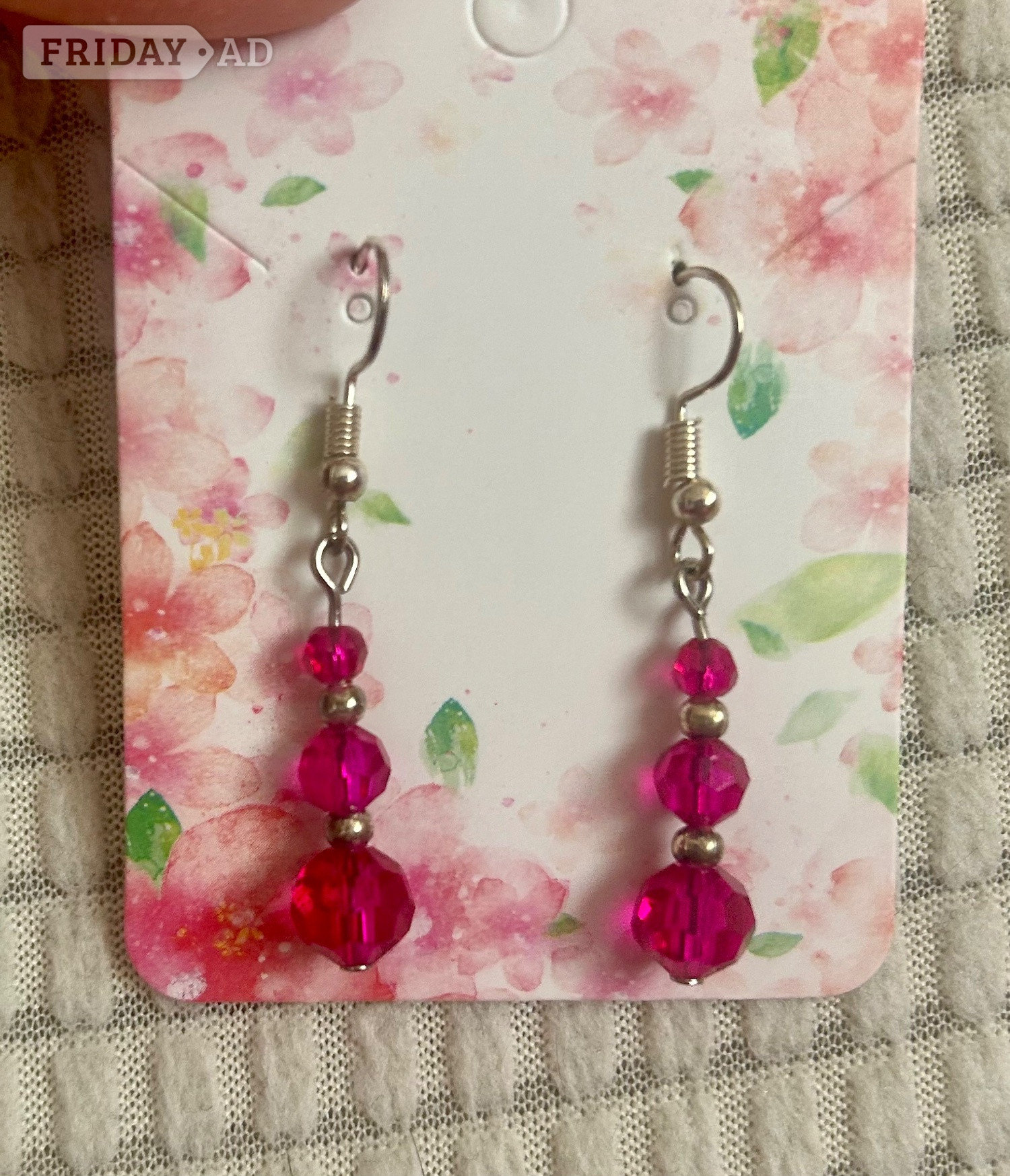 Hot pink glass bead dangle earrings with gift box