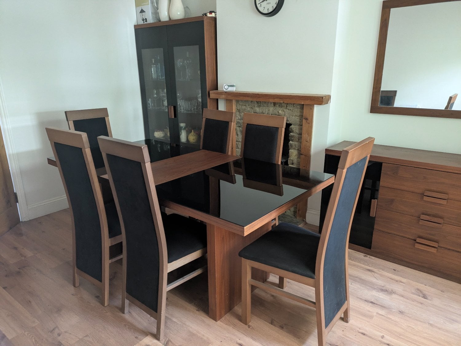 ZONE Dark Wood & Black Glass Dining Table and 6 Chairs in Farnborough