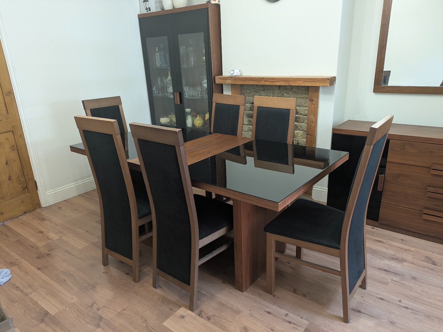 ZONE Dark Wood & Black Glass Dining Table and 6 Chairs
