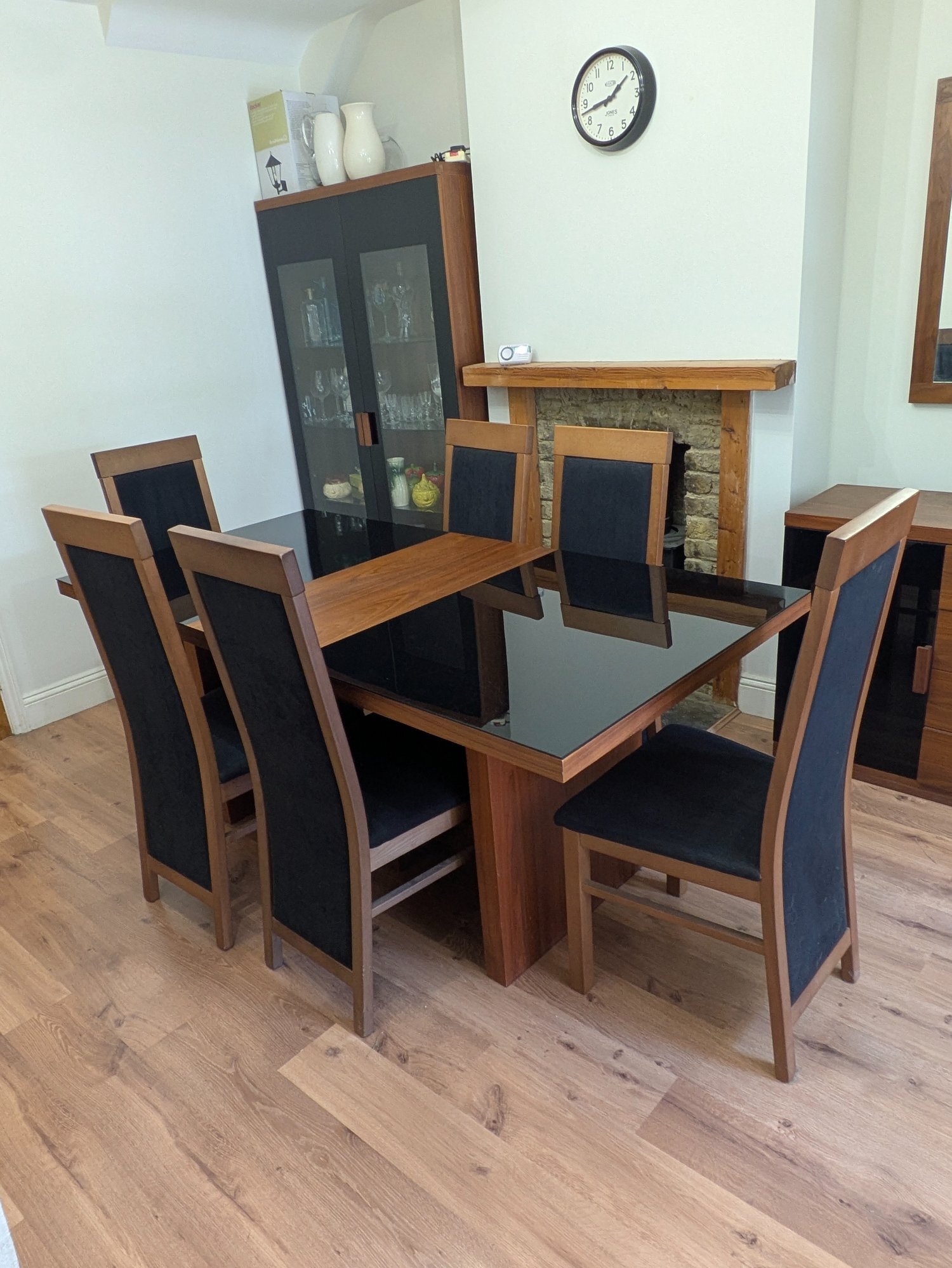 Farnborough ZONE Dark Wood & Black Glass Dining Table and 6 Chairs