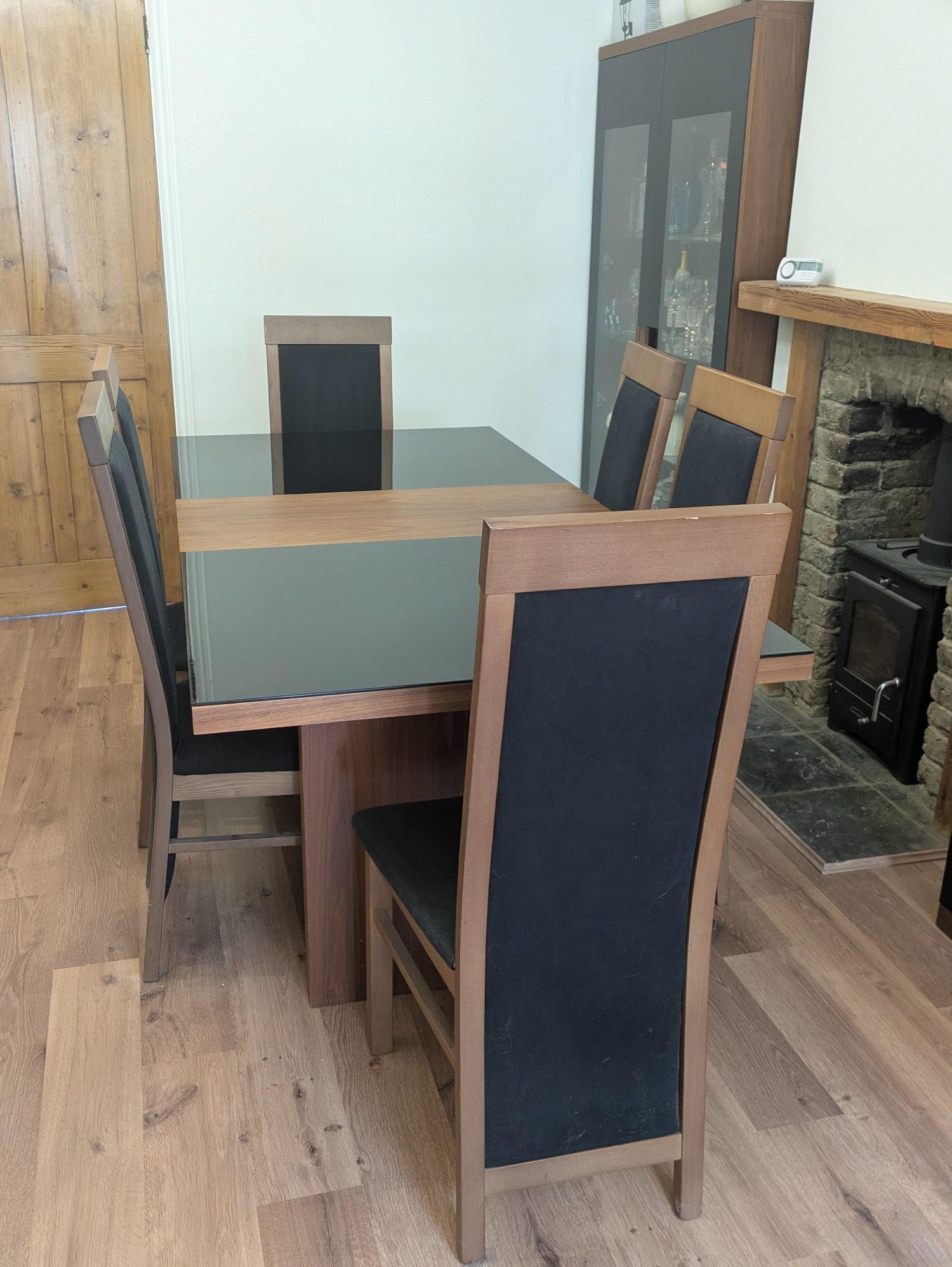 ZONE Dark Wood & Black Glass Dining Table and 6 Chairs - Furniture in Farnborough