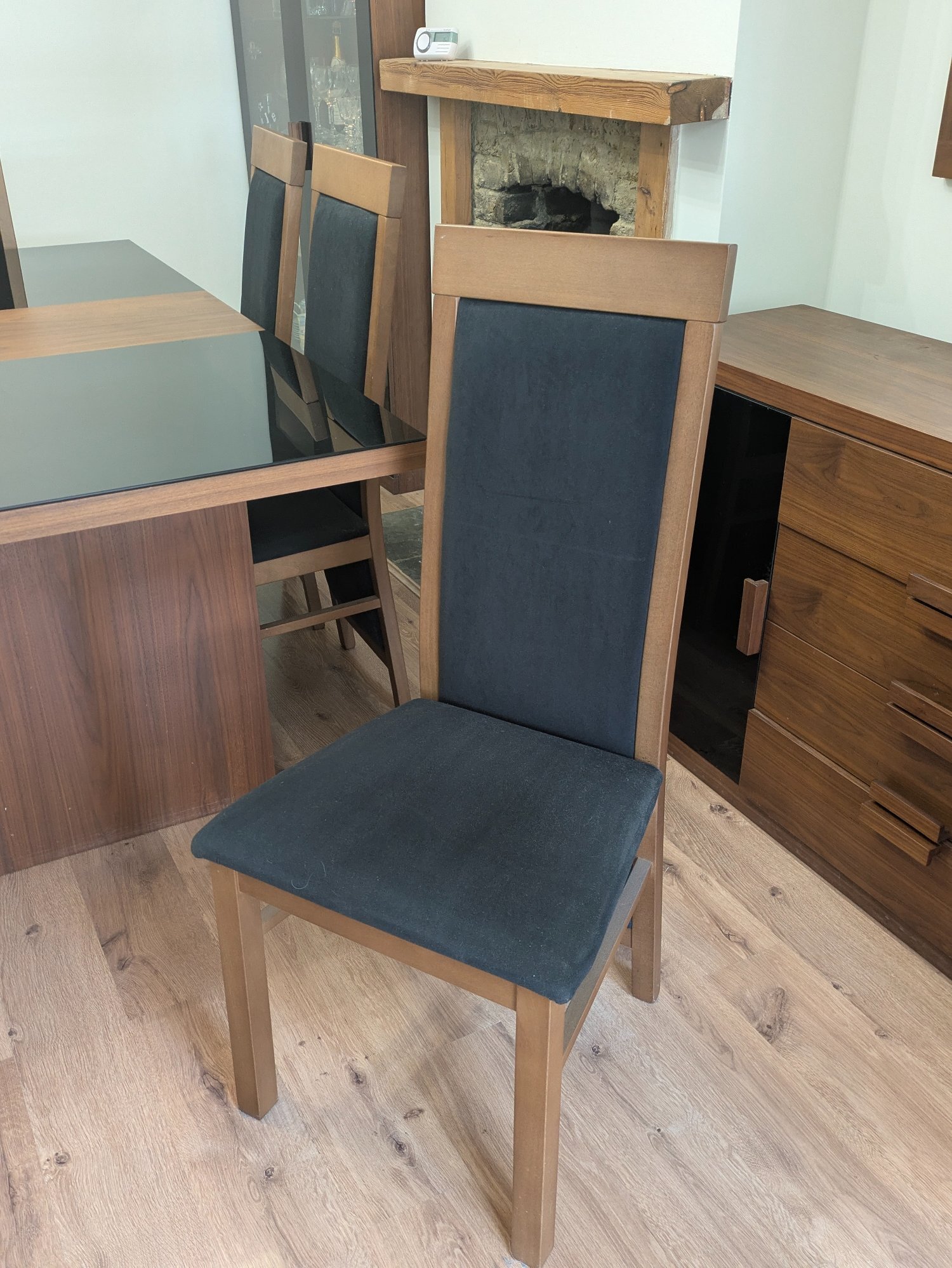 ZONE Dark Wood & Black Glass Dining Table and 6 Chairs - Furniture