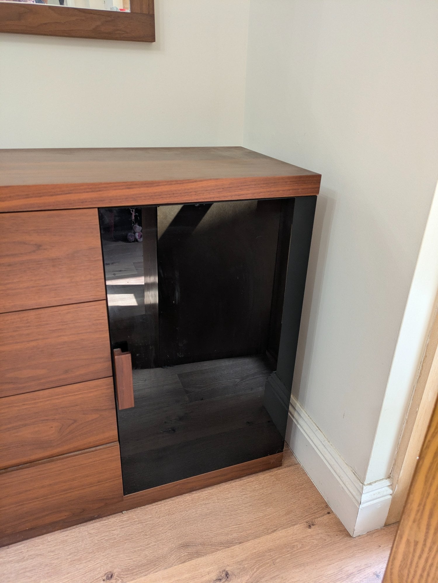 ZONE Dark Wood and Black Glass Sideboard - Furniture in Farnborough