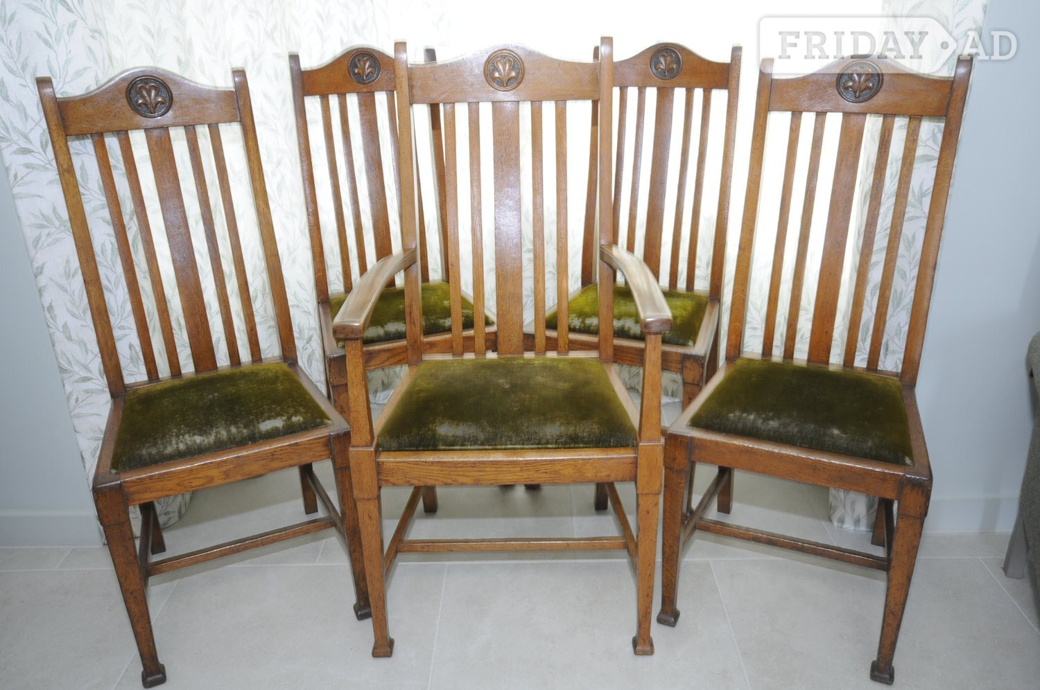 ARTS & CRAFTS OAK DINING CHAIRS. FOUR SINGLE ONE CARVER. ANTIQUE in Hartley Wintney