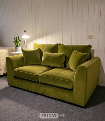 Olive Green 2x Seater Sofa With Pouffe